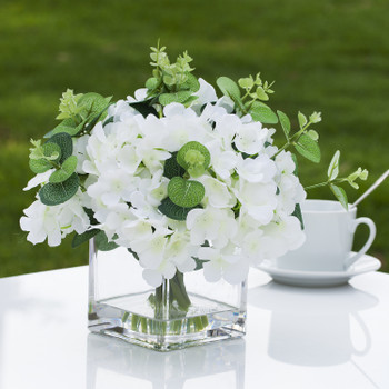 Mixed Artificial Silk Hydrangea Flower Arrangement in Cube Glass Vase With Faux Water(Cream)