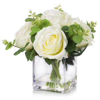 Mixed Artificial Silk Rose Flower Arrangement in Cube Glass Vase With Faux Water(Cream)