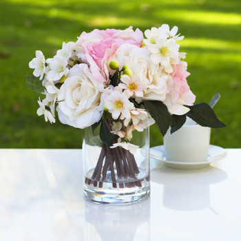 Mixed Artificial Rose Flower Arrangement in Clear Glass Vase(Pink)