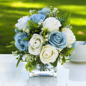 Artificial RoseFlower Arrangement in Clear Glass Vase(Cream Blue)