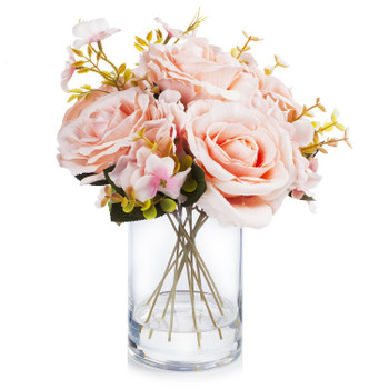 Mixed Artificial Silk  Rose Flower Arrangement in Clear Glass Vase(Pink)