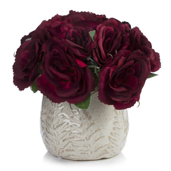 Artificial Velvet Rose Flower  in Ceramic Pot (Burgundy)