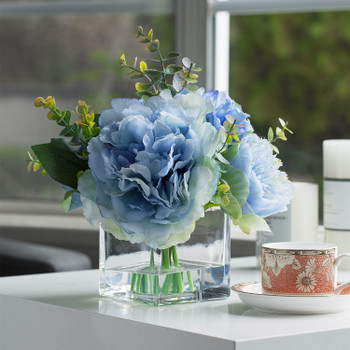 Mixed Artificial Flower and Eucalyptus in Cube  Glass Vase With Faux Water