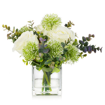 Mixed Artificial Silk Rose  Flowers and  Greenery in Cube  Glass Vase With Faux Water