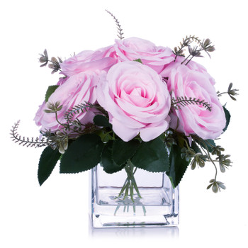 9 Heads Artificial Silk Rose Flowers in Clear Glass Vase With Faux Water(Pink)