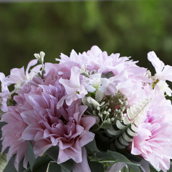 Mixed Artificial Silk Dahlia Flowers in Clear Glass Vase With Faux Water(Pink)