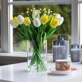 18 Heads Artificial Real Touch Tulip Arrangement in Clear Glass Vase(Yellow White)