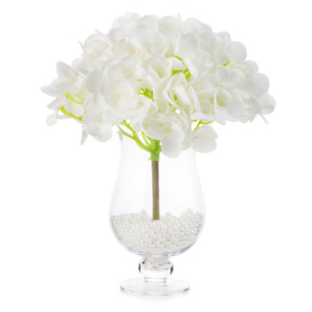 Artificial Real Touch Hydrangea Flower Arrangement in Clear Glass Vase with Plastic Pearl (White)