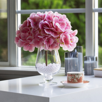 Artificial Real Touch Hydrangea Flower Arrangement in Clear Glass Vase with Plastic Pearl (Fuchsia)