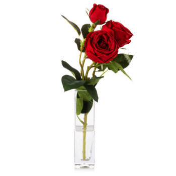 Artificial Silk Rose Flower in Clear Glass Vase (Red)