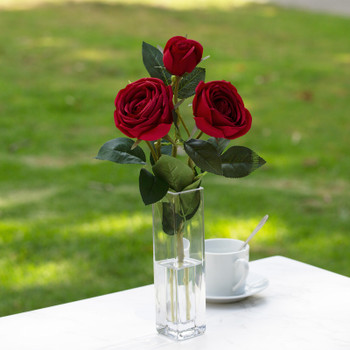 Artificial Silk Rose Flower in Clear Glass Vase (Red)