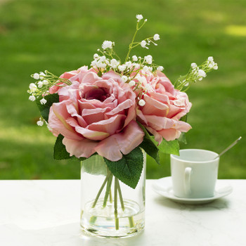 4 Large Silk Rose Flowers in Clear Glass Vase With Faux Water (Fuchsia)