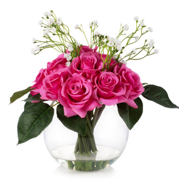 14 Pieces Mixed Artificial Rose and Baby Breath Flowers Arrangement in Clear Glass Vase with Faux Water(Fuchsia)