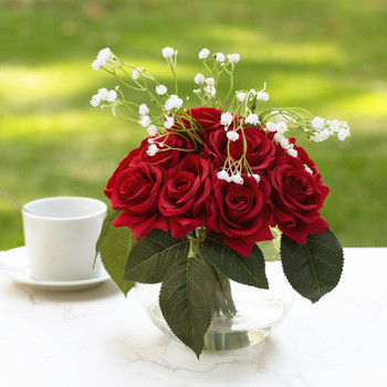 14 Pieces Mixed Artificial Rose and Baby Breath Flowers Arrangement in Clear Glass Vase with Faux Water (Red)