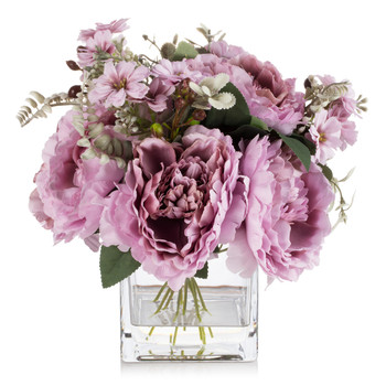 Mixed Artificial Silk Peony Flowers  in Clear Glass Vase With Faux Water (Purple)