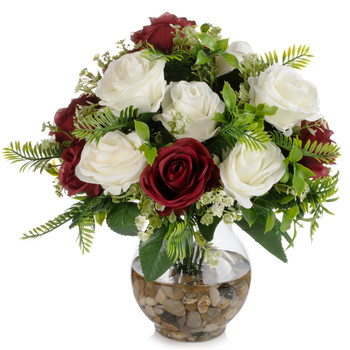 18 Heads Pink Silk Rose Flower in Clear Glass Vase With Faux Water and River Stone(Burgundy Cream)