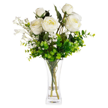 Mixed Rose Flower Arrangement in Clear Glass Vase with Acrylic Water (Cream)
