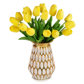20 Pieces Real Touch Tulip Flower Arrangement in Glass Vase (Yellow)