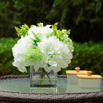 Mixed Silk Hydrangea Flower in Clear Glass Vase With Faux Water