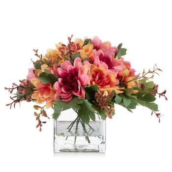 Mixed Daisy Flower Arrangement in Glass Vase with Acrylic Water (Fushia)
