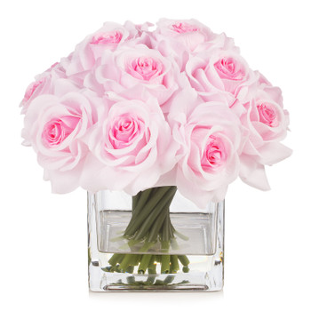 16 Heads Silk Rose Flowers in Glass Vase with Faux Water(Light Pink)