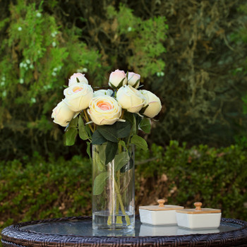 13" Artificial Silk Rose Flowers in Glass Vase with Faux Water(Champagne)