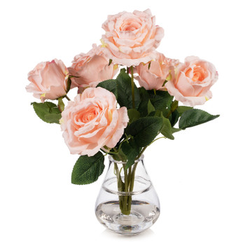 13" Artificial Silk Rose Flowers in Glass Vase with Faux Water(Light Pink)