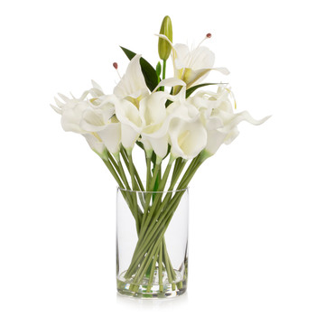 Artificial Real Touch Lily Flower Arrangement in Clear Glass Vase with Faux Water (White)