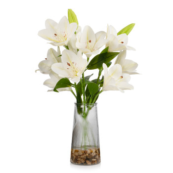 Real Touch Tiger Lily Flower Arrangement in Clear Glass Vase with Faux Water (Cream)