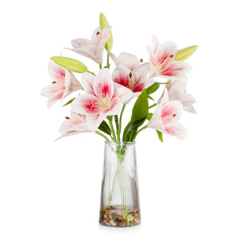 Real Touch Tiger Lily Flower Arrangement in Clear Glass Vase with Faux Water (Pink)
