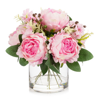 Mixed Artificial Peony Flower Arrangement in Glass Vase with Faux Water (Dark Pink)