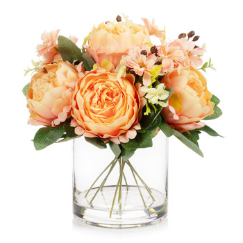 Mixed Artificial Peony Flower Arrangement in Glass Vase with Faux Water (Orange)
