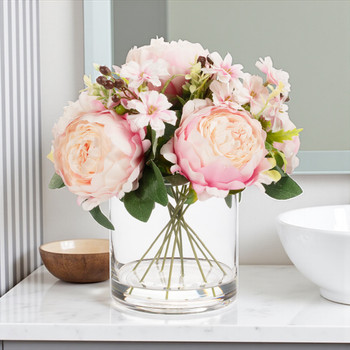 Mixed Artificial Peony Flower Arrangement in Glass Vase with Faux Water (Pink)