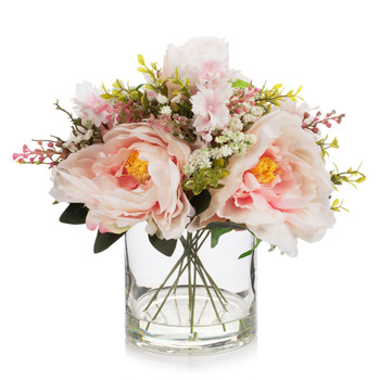 Artificial Peony Flower Arrangement in Glass Vase with Faux Water (Pink)