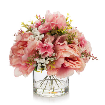 Artificial Peony Flower Arrangement in Glass Vase with Faux Water (New) — Available in 3 Colors