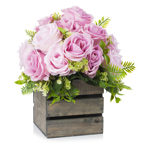 18 Heads Mixed Rose Flower Arrangement With Wood Planter(Pink)