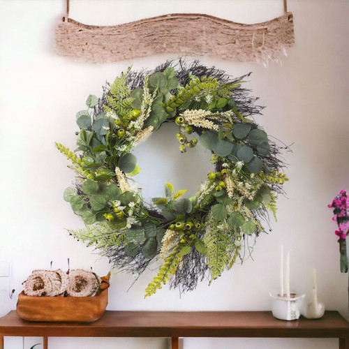 24" Artificial Eucalyptus Leaves Wreath with Green Berry for Front Door