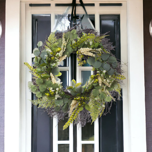 24" Artificial Eucalyptus Leaves Wreath with Green Berry for Front Door