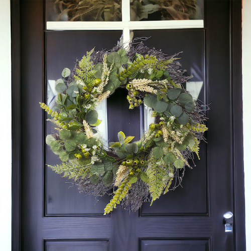 24" Artificial Eucalyptus Leaves Wreath with Green Berry for Front Door