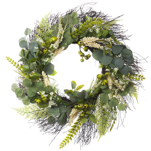 24" Artificial Eucalyptus Leaves Wreath with Green Berry for Front Door