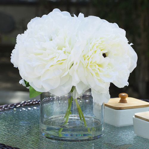 4 Pieces Large Artificial Peony Flowers Arrangement in Clear Glass Vase