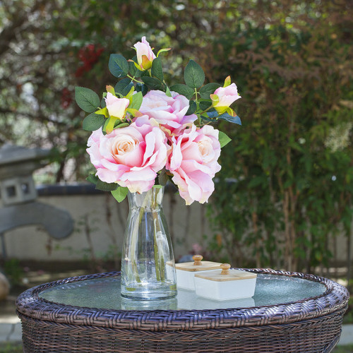 3 Large Stems Artificial Roses Flower in Clear Glass Vase With Faux Water( Pink