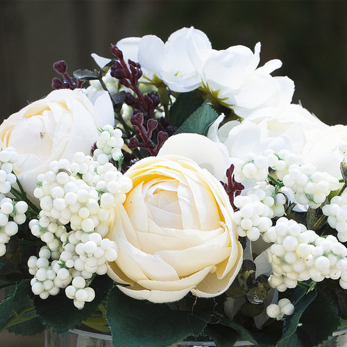 Mixed Artificial Ranunculus Flowers Arrangement in Clear Glass Vase( Beige)