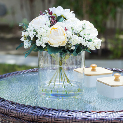 Mixed Artificial Ranunculus Flowers Arrangement in Clear Glass Vase( Beige)