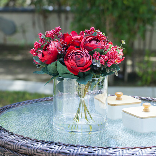 Mixed Artificial Ranunculus Flowers Arrangement in Clear Glass Vase(Red)