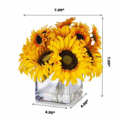 Mixed Artificial Sunflowers Arrangement in Cube Glass Vase
