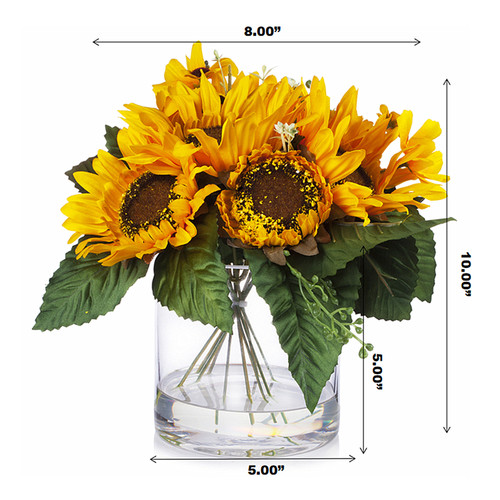 Mixed Artificial Sunflowers Arrangement in Clear Glass Vase
