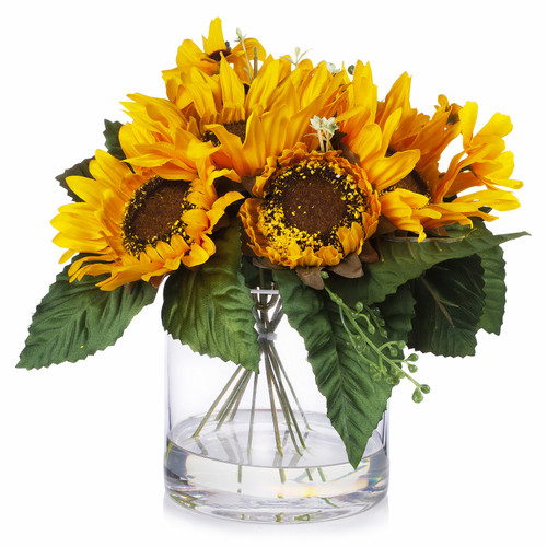 Mixed Artificial Sunflowers Arrangement in Clear Glass Vase