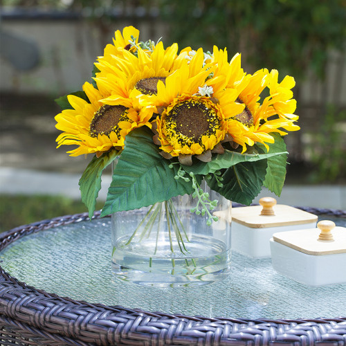 Mixed Artificial Sunflowers Arrangement in Clear Glass Vase