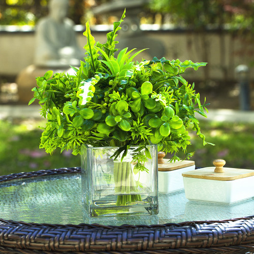 Artificial Mixed Greenery Foliage Plant in Cube Glass Vase